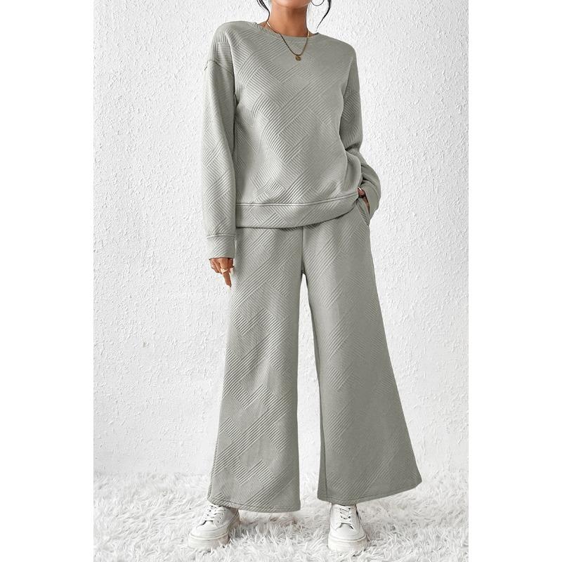 Women's Long Sleeve Top Plus Size Loose Simple Textured Solid Color Casual Suit Autumn Textured Drawstring Sportswear Pants Suit