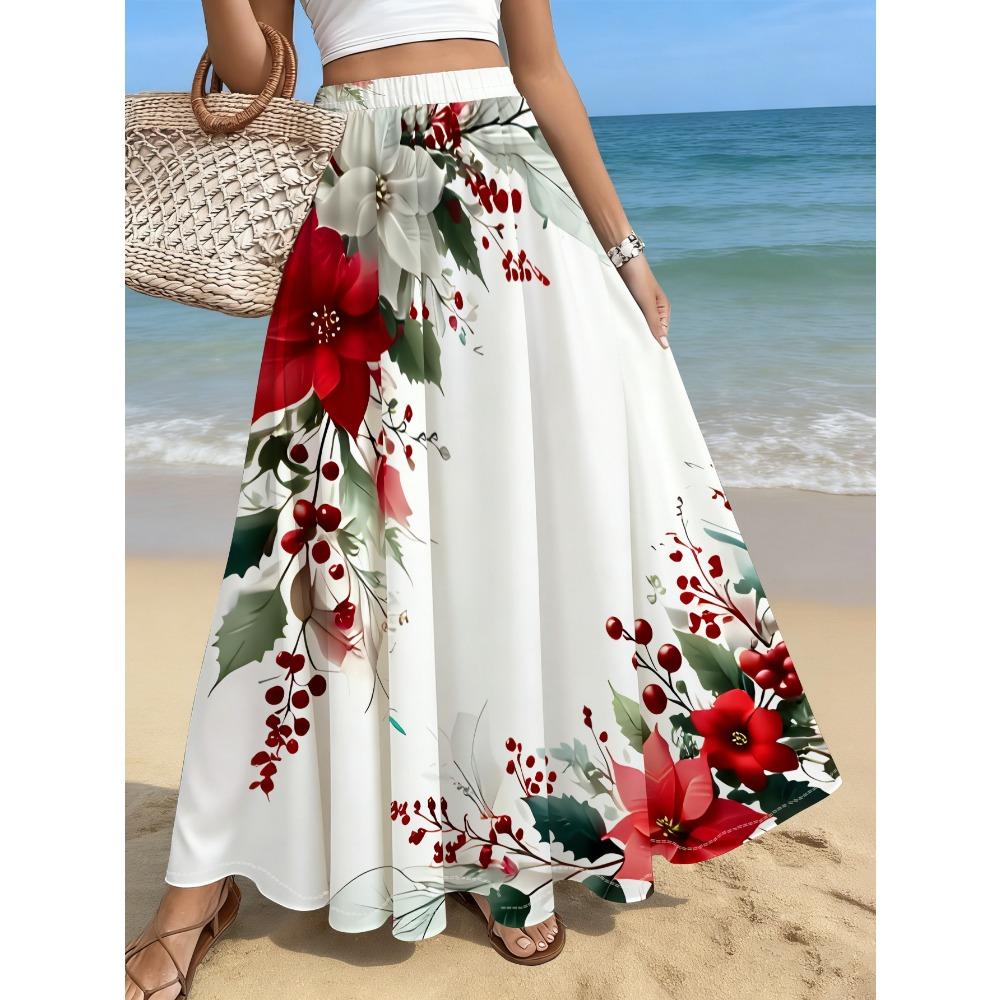 Maxirock für Damen in Übergröße mit Blumenprint, roter Weihnachtsstern und Beerenmotiv, Ideal für Strand, Reisen