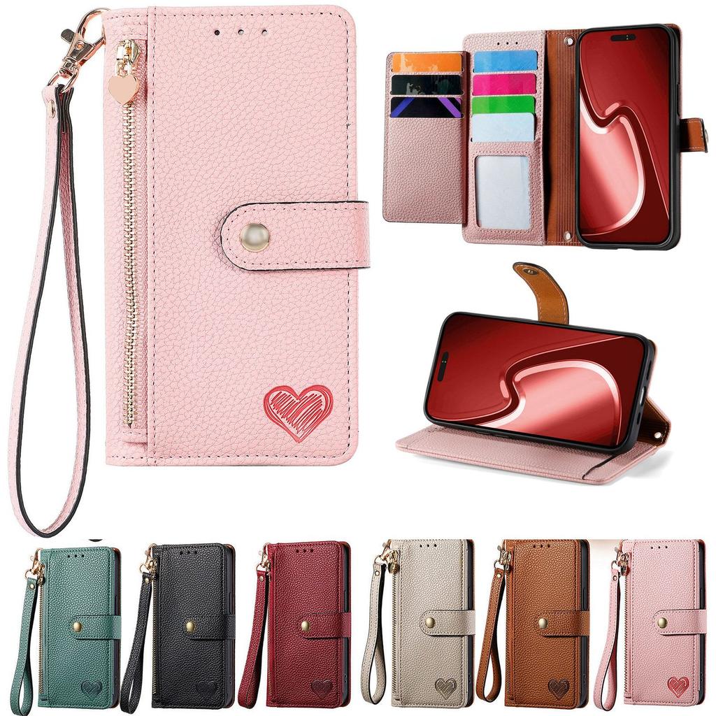Leather Wallet Flip Case for Google Pixel 11 10 9 Pro XL 9A 8 8A 7 7A 6 6A, Phone Cover Zipper Pocket, Wrist Strap, Heart Emblem