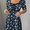 Ruffle Edge Dress Women Puff Sleeves Printed Slim Fit Spring Summer Size S-XXL