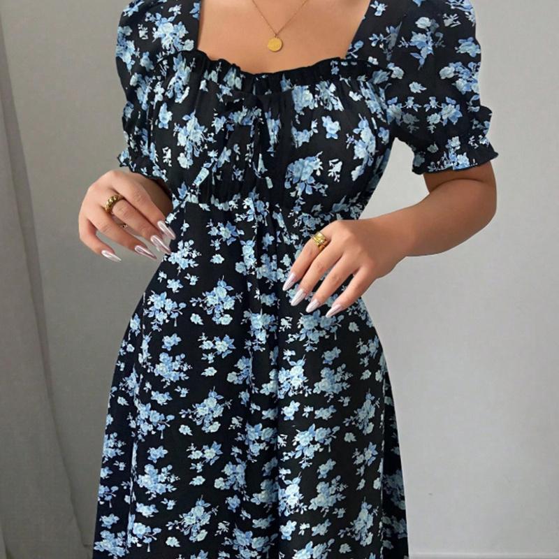 Ruffle Edge Dress Women Puff Sleeves Printed Slim Fit Spring Summer Size S-XXL