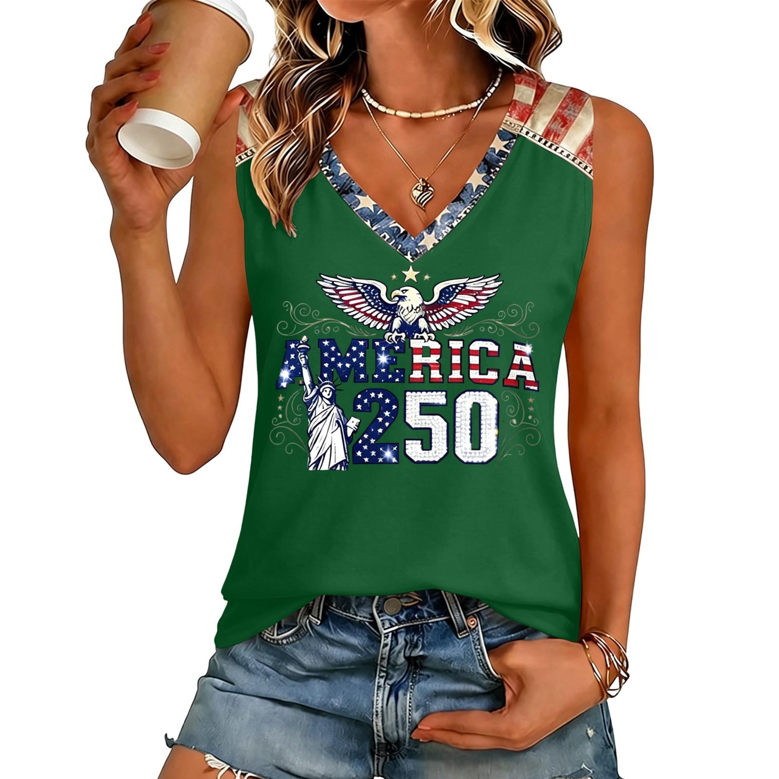 

Women s Casual V Neck Sleeveless Top with Graphic Letter Print and Eagle Design Lightweight Summer Tank Shirt for Outdoor Use L армия зеленый