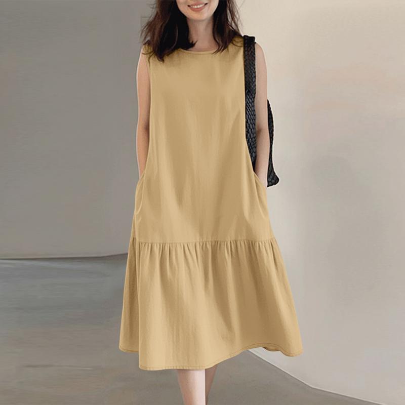 ZANZEA Women Casual Round Neck Solid Color Loose Sleeveless Dress