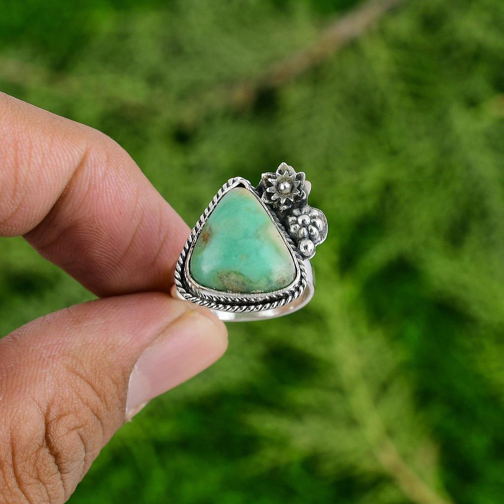 925 Sterling Silver Chrysoprase Gemstone Wife Flower Boho Stackable Ring Jewelry