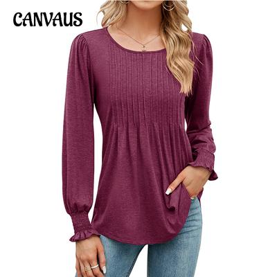 Spring and Autumn Women's Blouse Solid Color Casual Bubble Sleeve Round Neck Long Sleeve Top