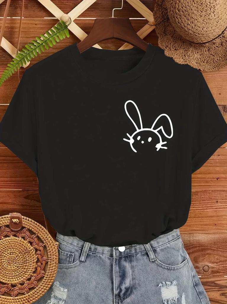 Neck Short Sleeve Stretchy Fabric Retro Minimalist Design UnisexS Cute Bunny Print TShirt Casual Crew Streetwear Summer Tops