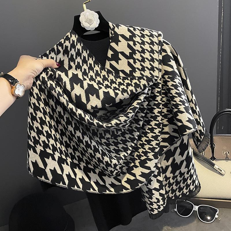 New Autumn and Winter Imitation Cashmere Scarf for Women European and American Style Iron Tower Pattern  Warm Outer Wear Multi Purpose Scarf