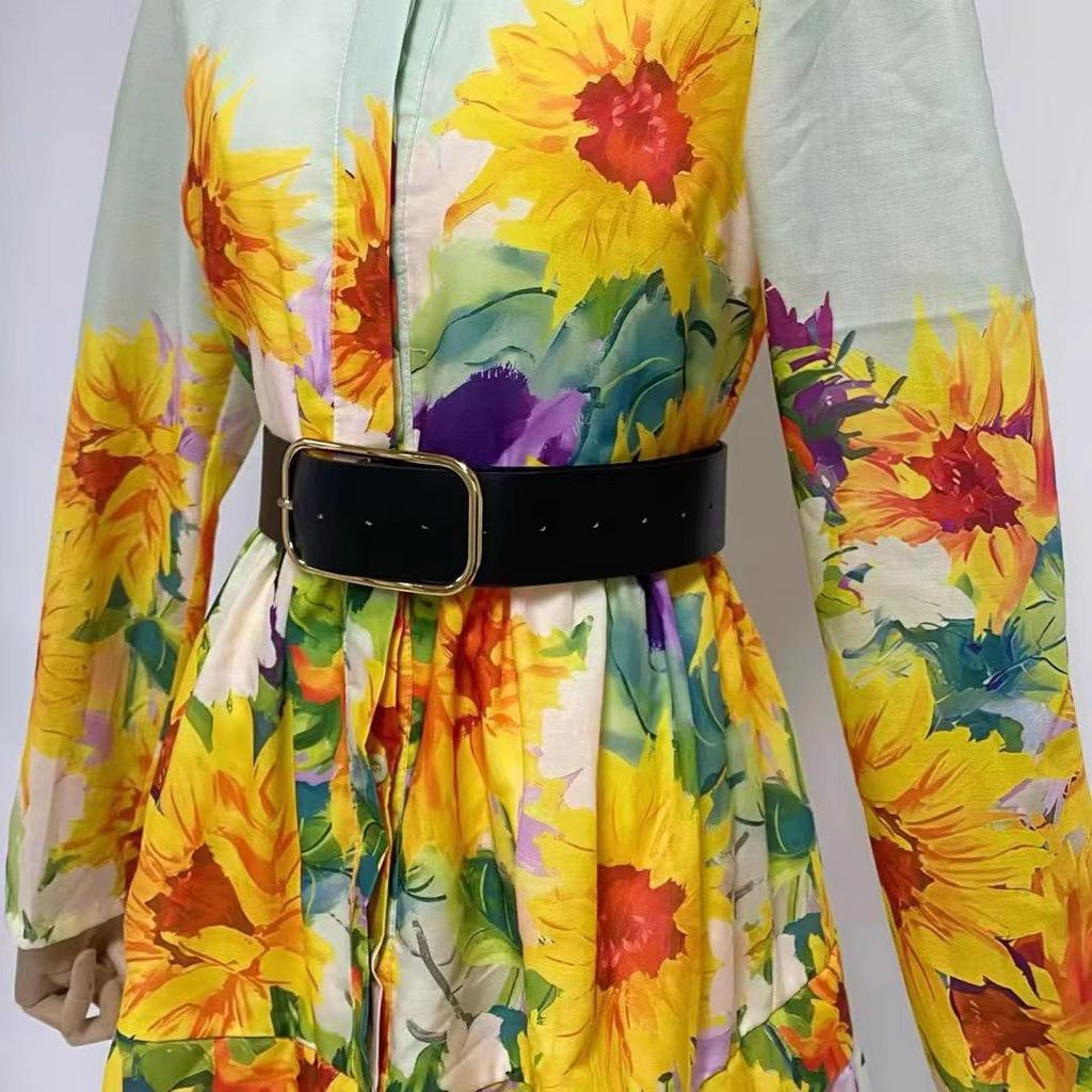 Sunflower Print Lace A-Line Dress with Stand-Up Collar & Long Sleeves