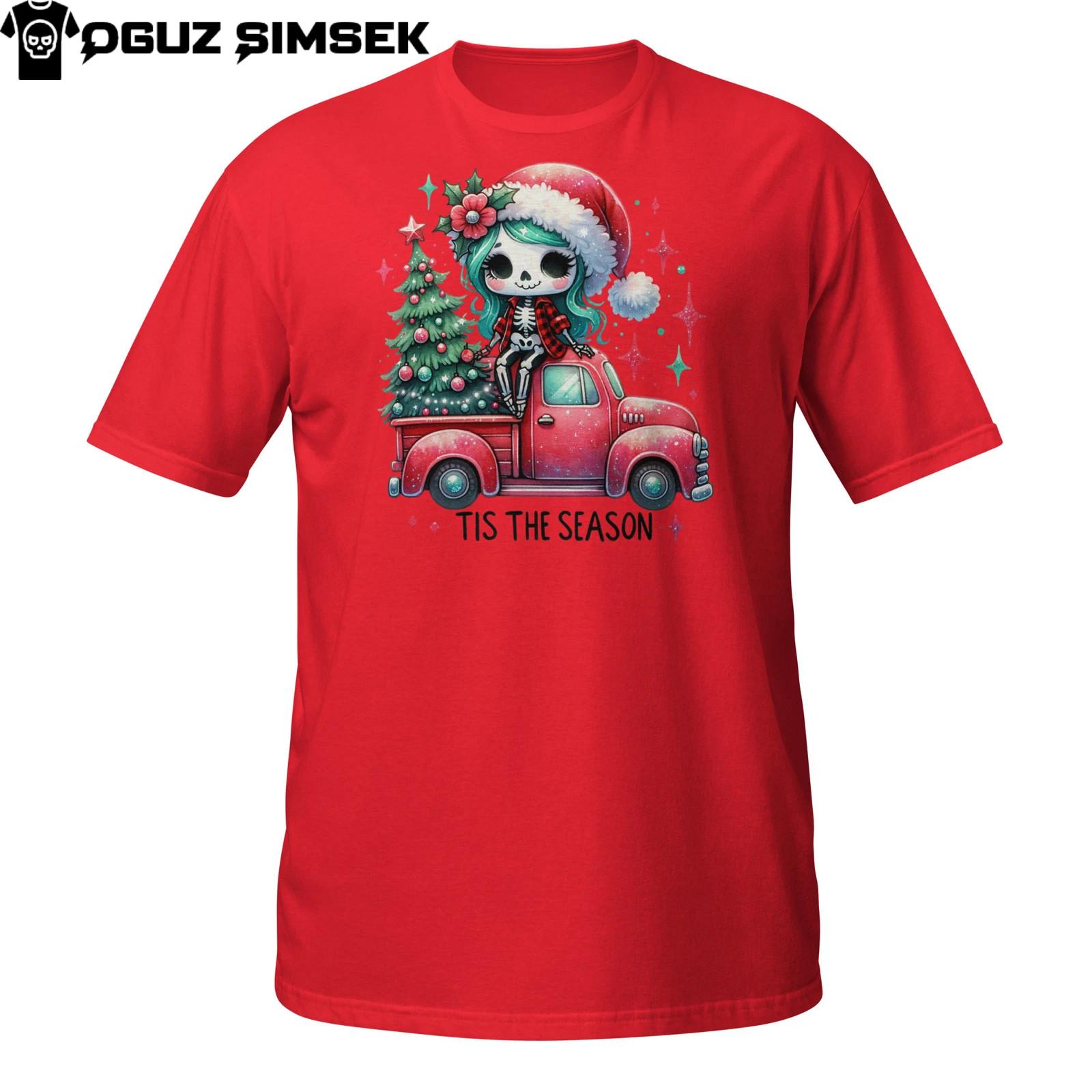 Cute Skeleton Girl Christmas T-Shirt Mens Womens Tees Top | Red Truck Holiday Tree Tee Gift Idea L