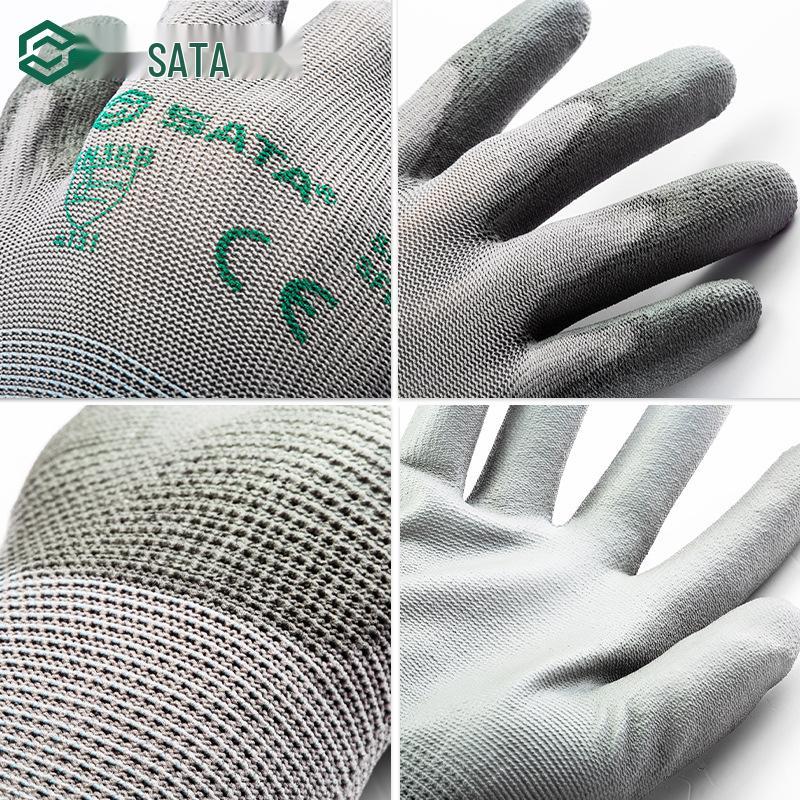 Sata Anti-Slip Work Gloves - Nylon PU Coated, Fingertip & Palm Dipped, Wear-Resistant for Workshop Use