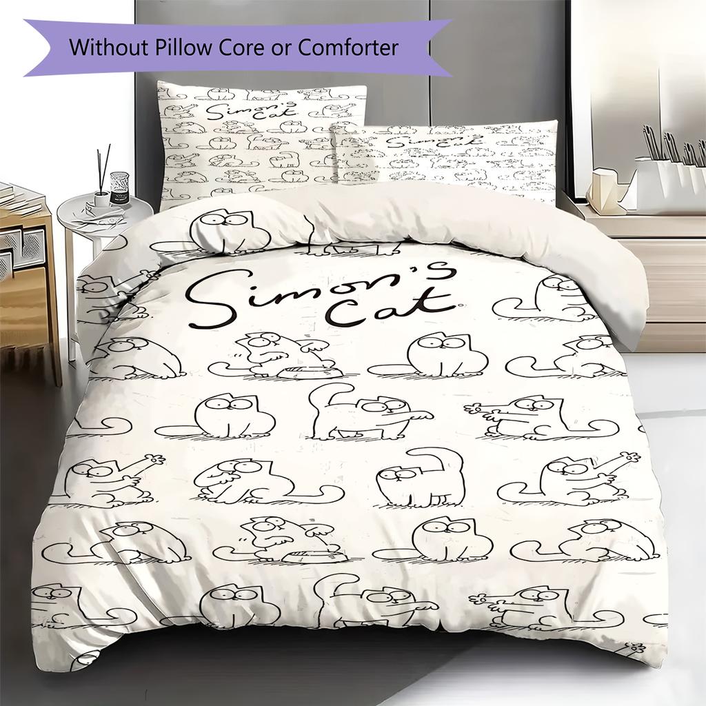 Simon's Cat Pattern Bedding,Quilt Set Quilt Cover Pillowcase Home Birthday Gift (1 * Duvet Cover + 2 * Pillowcase, Without Core)