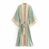 Moda Donna Stampa Floreale Verde Manica a Pipistrello Rayon Spiaggia Boemo Kimono Scollo a V Da Donna Robe Boho