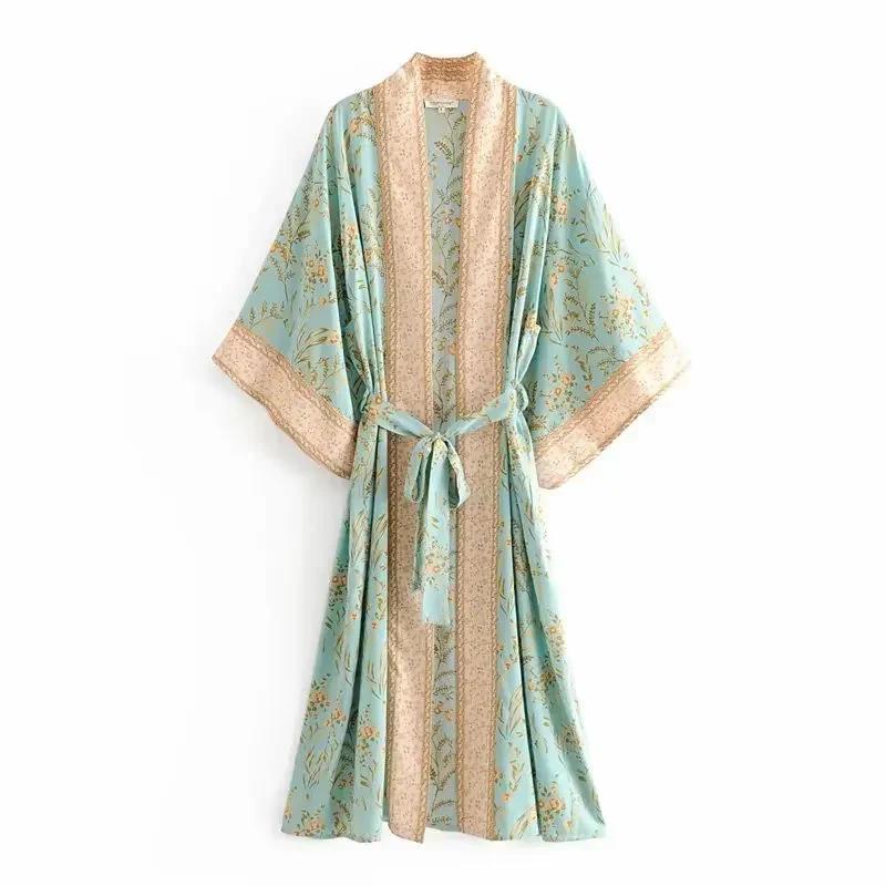 Moda Donna Stampa Floreale Verde Manica a Pipistrello Rayon Spiaggia Boemo Kimono Scollo a V Da Donna Robe Boho