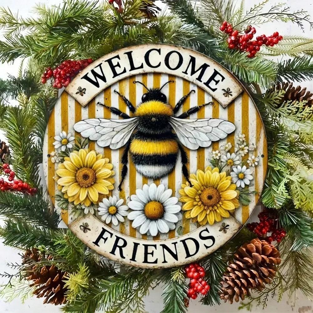 Metal Wall Art Welcome Bee Sign Vintage Home Bar Decor