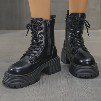 Mode 2025 Herbst Winter Schwarze Plateaustiefel Damen Mode Schnürung Reißverschluss Stiefeletten Frau Punk Dicker Absatz PU-Leder Botas Mujer