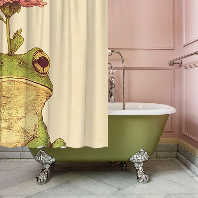 1pc Vintage Green Frog & Pink Flower Shower Curtain - Hand-Drawn Polyester,  Whimsical Design for Modern Bathrooms