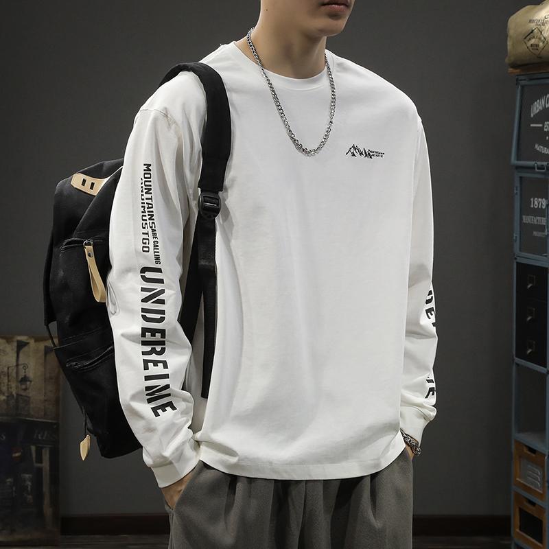 

Футболка с длинными рукавами American High Street Printed, мужская осенняя модная брендовая свободная круглая горловина, плотный хлопковый свитер 4XL белый