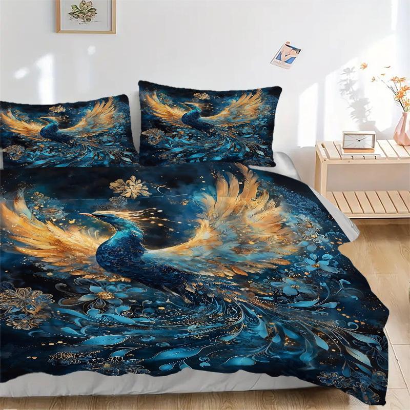 3-delat sängkläder set med fantasifågelmotiv, Innehåller 1 påslakan + 2 örngott, Utan innerkuddar, Mjukt bekvämt, Lätt andningsbart, Tryck