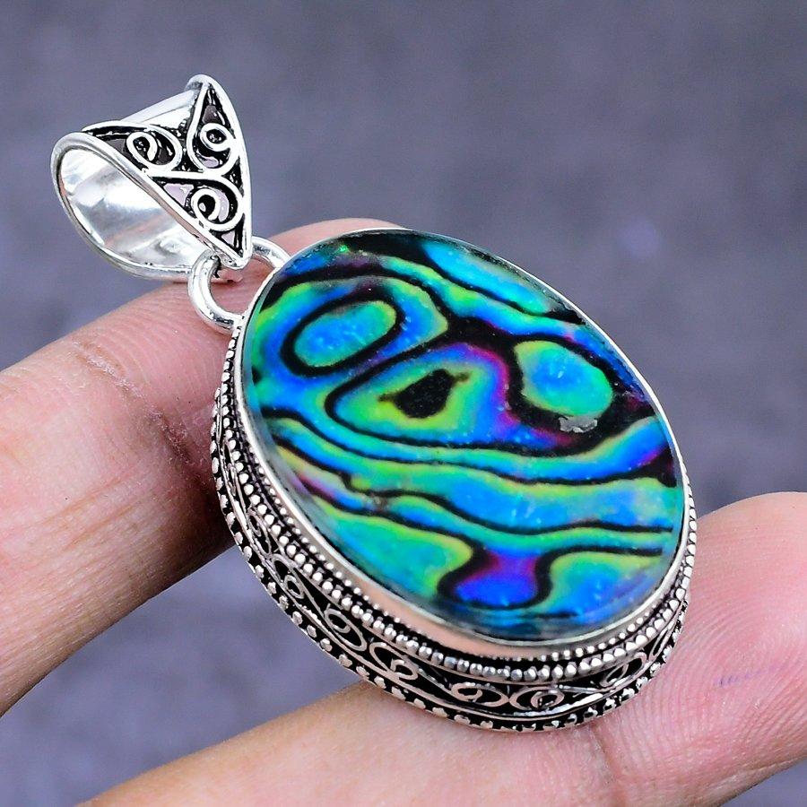 Natural Abalone Shell Gemstone 925 Sterling Silver Jewelry Pendant 1.89" ETC-14411
