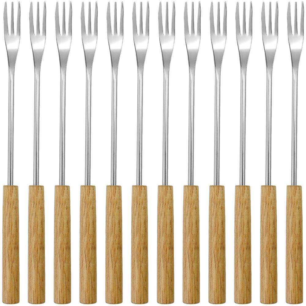Stainless Steel Fondue Forks with Wooden Handle - Long Chocolate Cheese Fondue Dipping Tools Dessert Sticks for BBQ Marshmallows