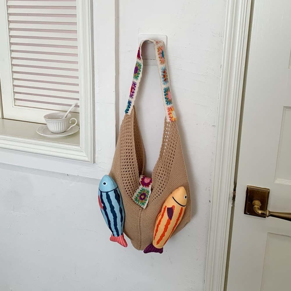 Fish Cotton Crochet Shoulder Bag Summer Tassels Beach Handbag Leisure Hollow Out Woven Bag  Beach