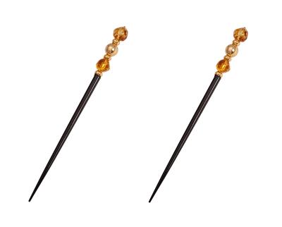 Caravan Black Lacured Chop Stick Made In Japan Decioarted with 2 Amber Gilt Color Bead Pair &