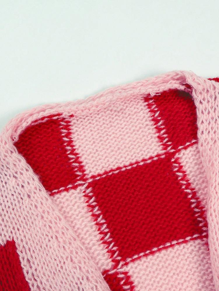 2025 Autumn/Winter Women's Color Block Plaid Wool Cardigan Sweater