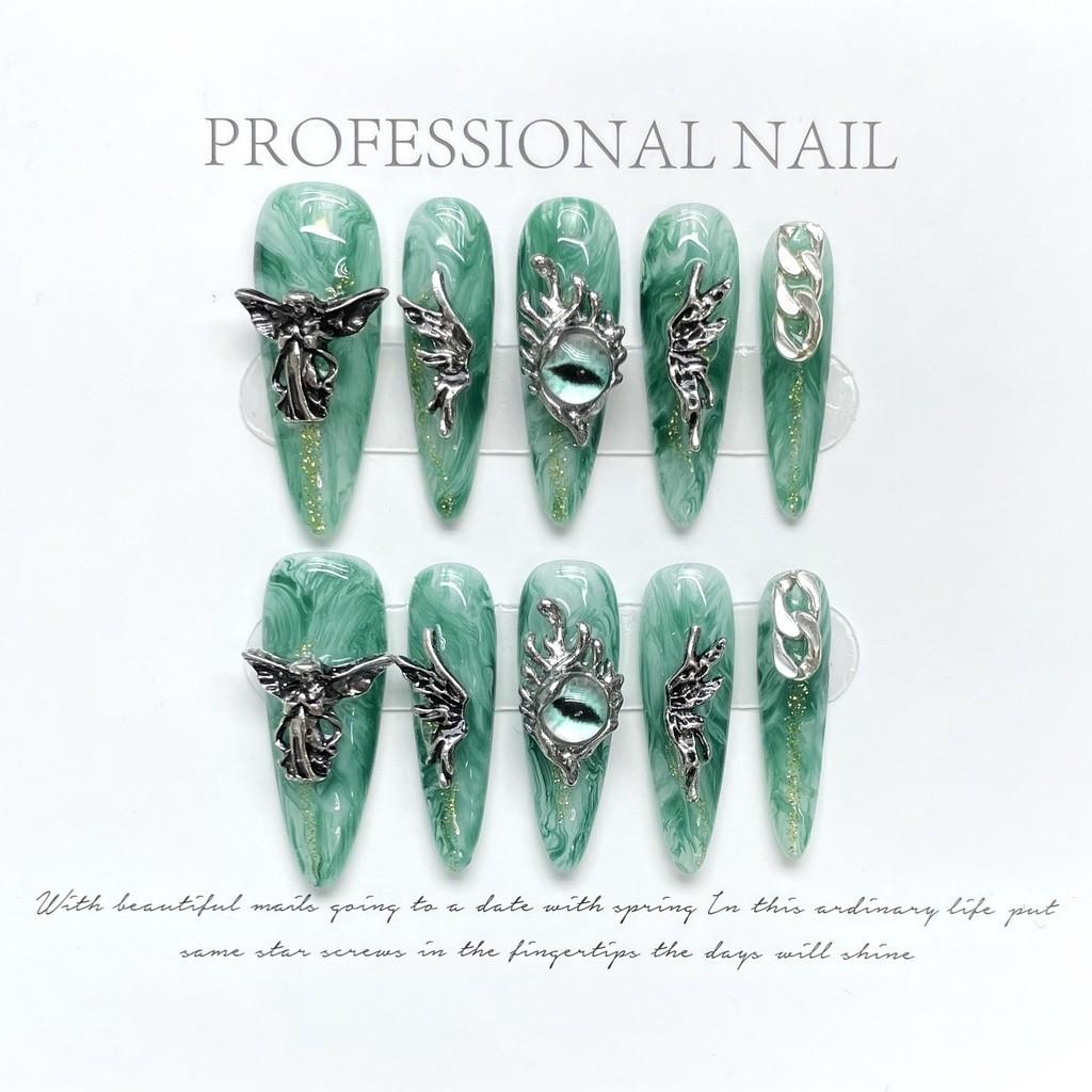 100% HANDMADE Long Pointed Stiletto Fake Nail Art Liquid Wings Angel Eyes Dark Green Smudged Phototherapy Nails Reusable and Removable Nails