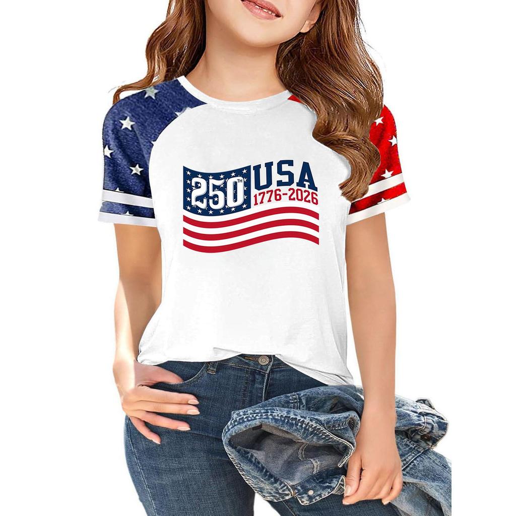 Women's Casual Short Sleeve Crew Neck T-Shirt Independence Day Print Raglan Sleeve Lightweight Cotton Blend Top for Summer
