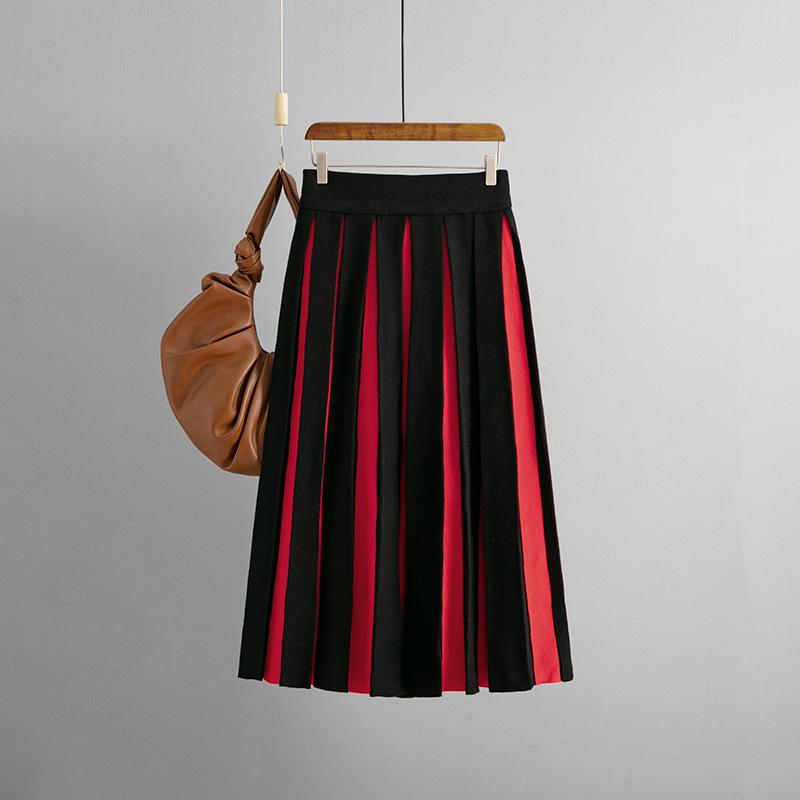 

Qooth Elastic Waist Black White Color Block Knit Midi Skirt Vintage Pleated Skirt for Women QT2787 One Size красный