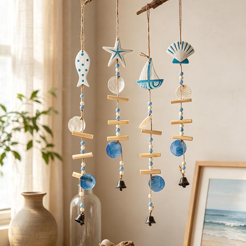 Mediterranean Handmade Wooden Starfish and Shell Wind Chime Pendant for Seaside Decor