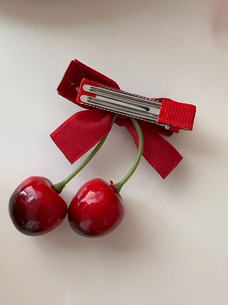Designer Red Cherry Cloth Bow Hair Clip Sweet Women Fashion Double Layer Barrettes Lolita Headdress Female Korean Cute Velvet Ribbon Hairpin Girl