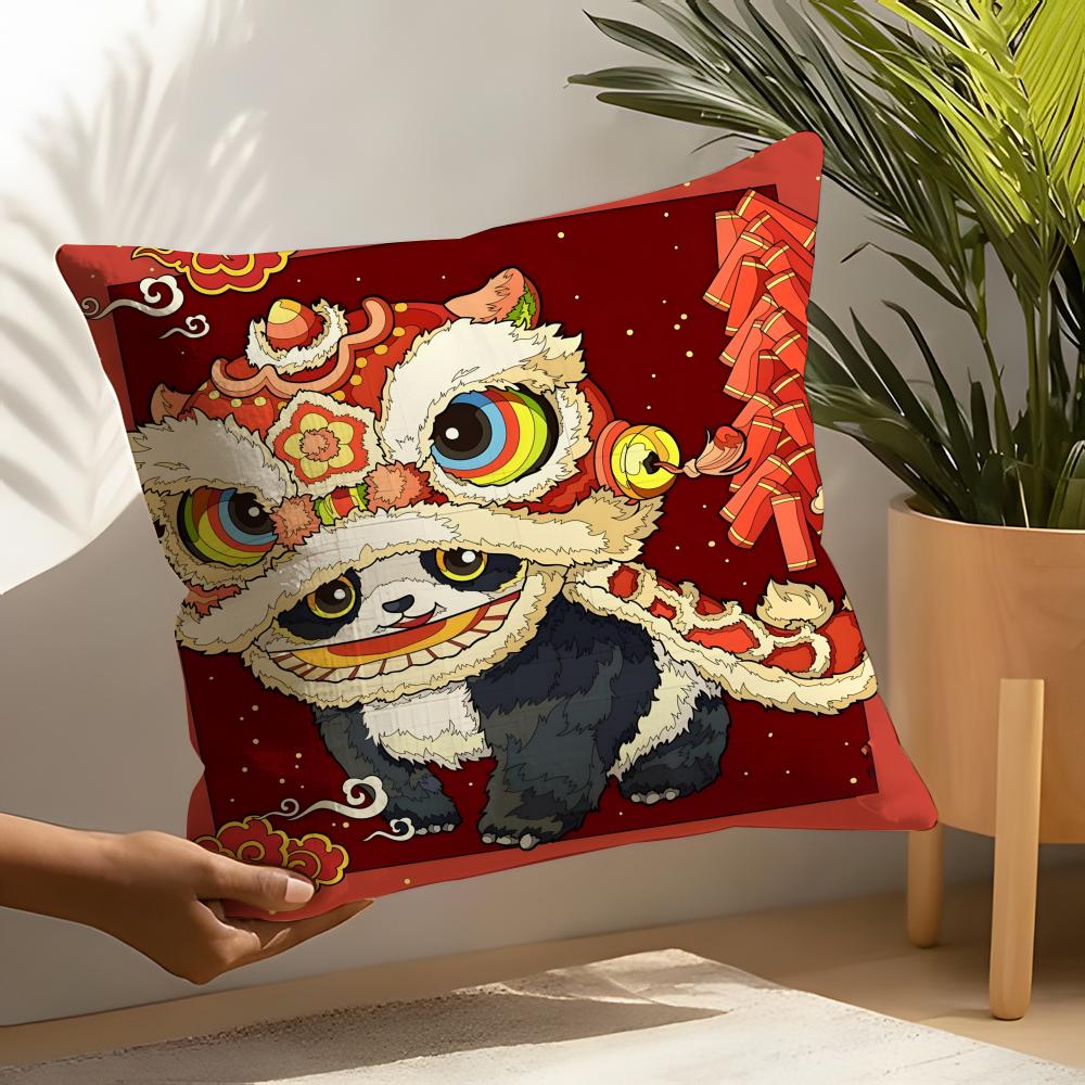 Linen Cushion Covers For Decorative Sofa Home Pillows Case Car Chair Pillows Cases Chinatown Festive Lion Print Pattern
