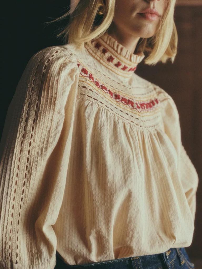 Women's Retro Ruffled Apricot Red Embroidered Long-Sleeve Shirt for Spring/Summer 2026