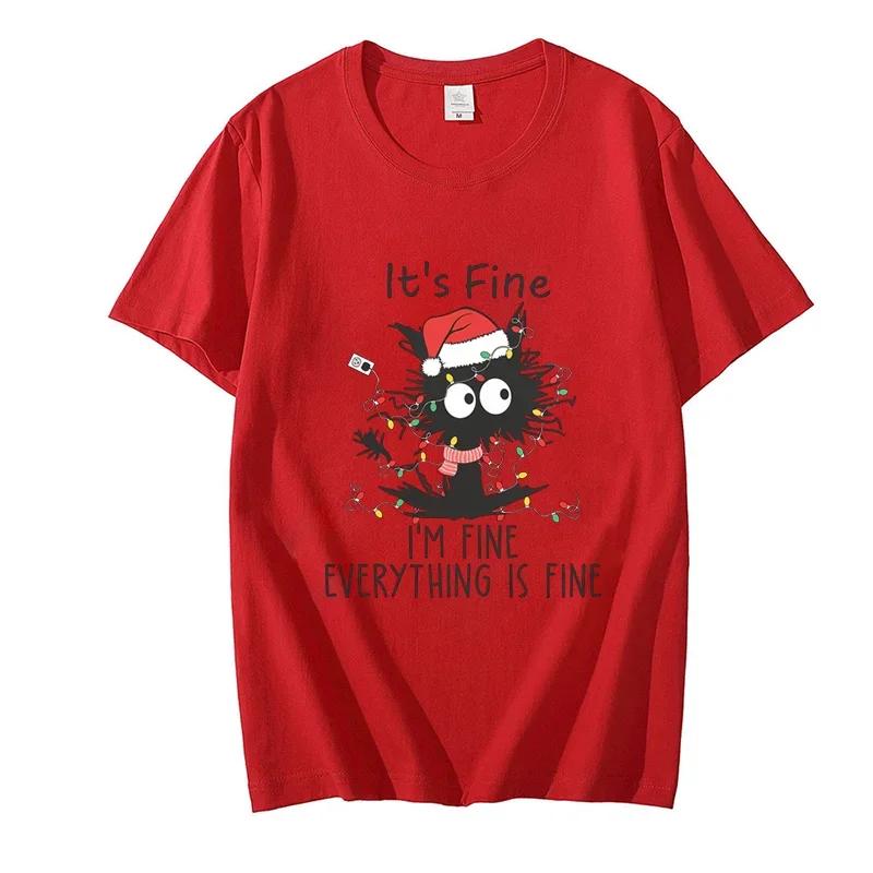 Its Fine I'm Fine Everything Is Fine Black Cat T-shirts Women Men Sweetshirts Christmas Lights Merry Christmas Harajuku Tee Tops