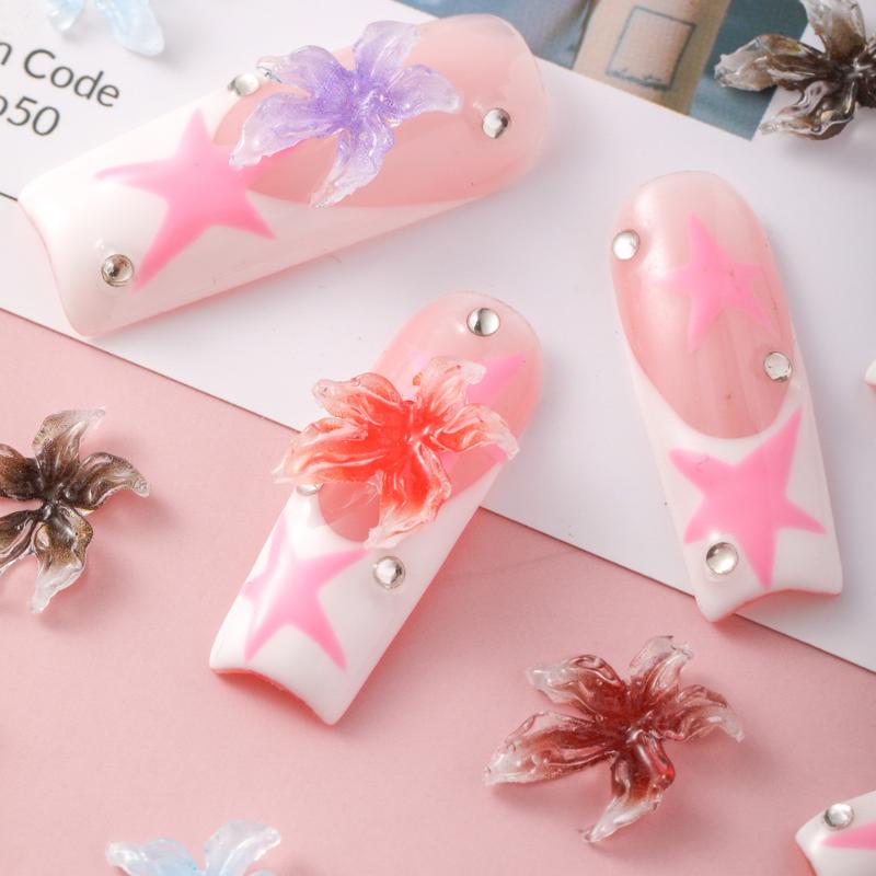 20 ks Smíšené Barevné Pryskyřičné Květiny Lily Charmsy pro Nehtové Umění Gradientové Ledově Průhledné Želé Lily Dekorace pro Nehtové Umění DIY Část pro Manikúru