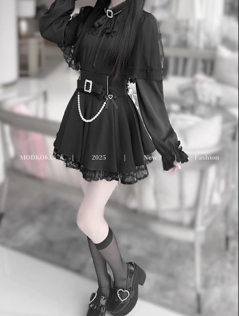 Blouse and Mini Cross Long Size L [MODKOKU] Women's Cape-Style 3-Piece Set, Skirt, Lace, Ruffles, Ribbons, Lolita, Design, Gothic, Lace-Up, Moe,