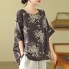 Lockeres Baumwoll-Leinen Übergröße Damen Bedrucktes T-Shirt Sommer Ethnischer Stil Fledermausärmel Schlankmachendes Mom Blumenmuster Oberteil