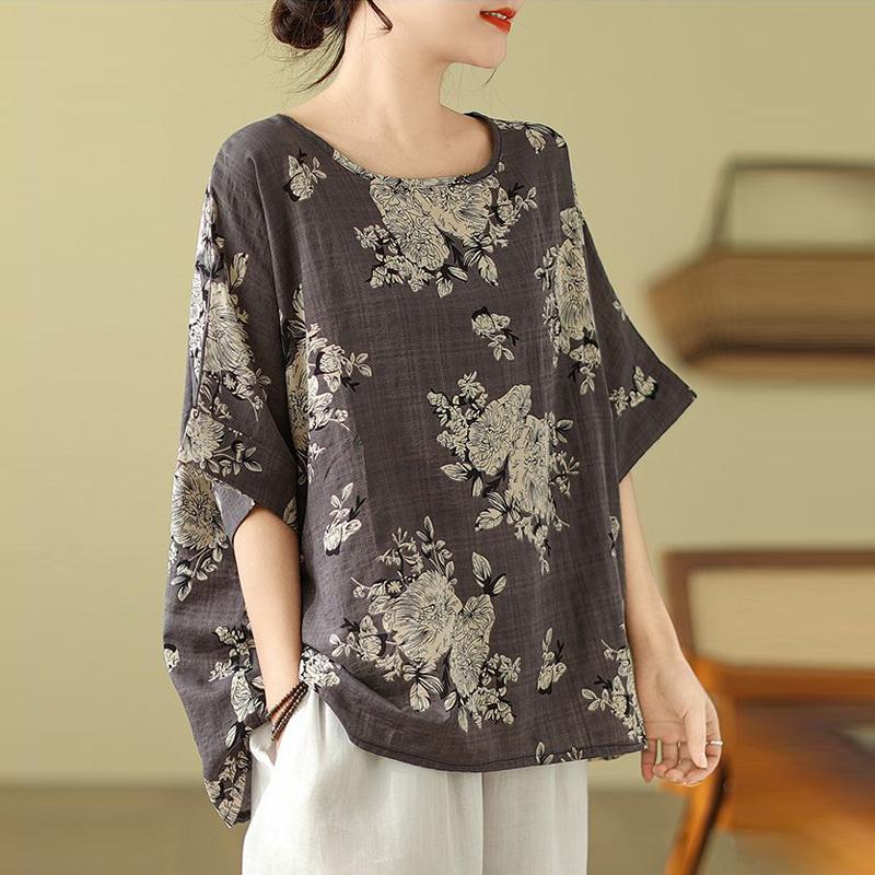 Lockeres Baumwoll-Leinen Übergröße Damen Bedrucktes T-Shirt Sommer Ethnischer Stil Fledermausärmel Schlankmachendes Mom Blumenmuster Oberteil