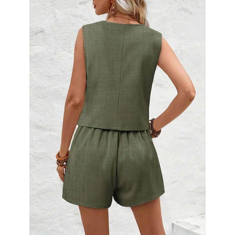 V-neck Button Vest Casual Shorts SETV Collar Button Vest Casual Shorts Suit