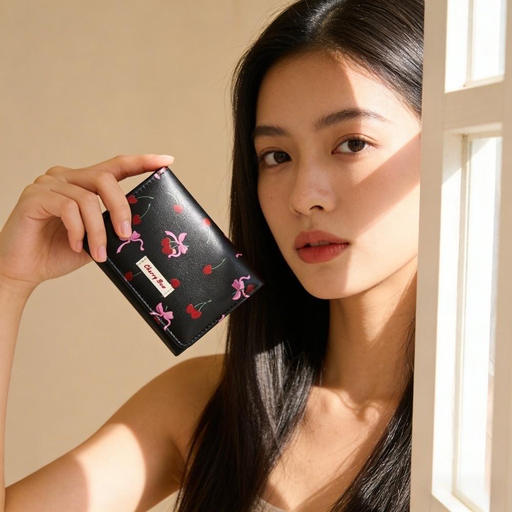 Cute Cherry Tri-fold Wallet Printing Korean Style PU Leather Wallet Folding Bow Card Holder Student