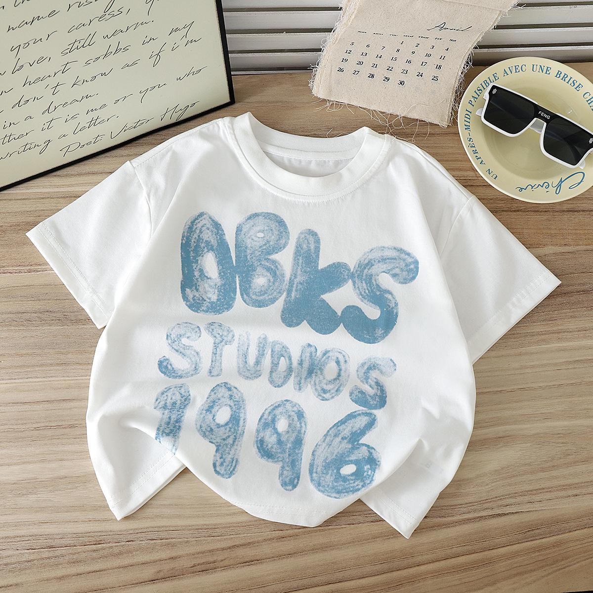 2024 Kids  Pure Cotton Short-Sleeve T-Shirt, Unisex Summer Round-Neck Letter Print Top 110 cm белый