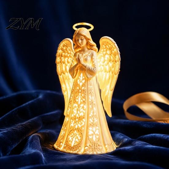 Hollow Carved Angel Sculpture Praying Night Light, Resin Decorative Figurine with Warm LED Lights Thoughtful Present for Friends Home Decor, Tabletop
