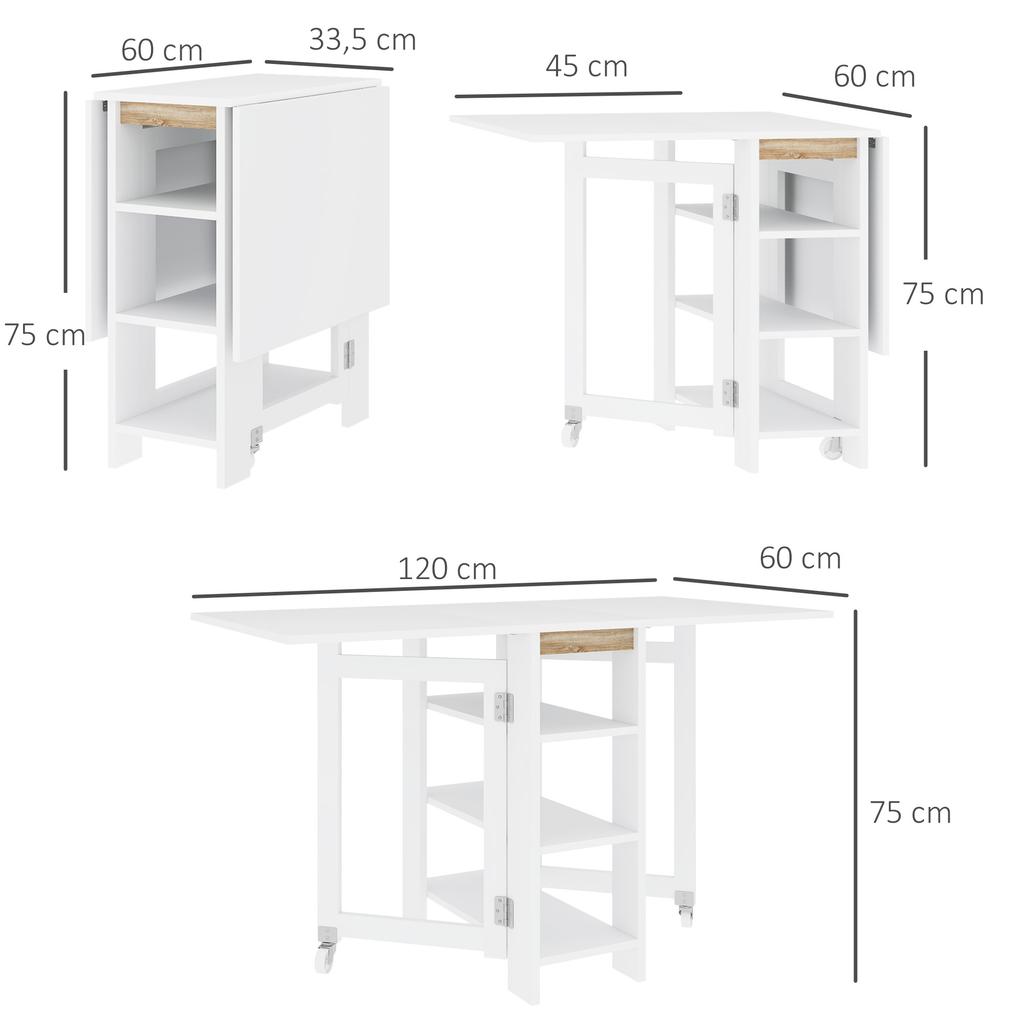 Kitchen table folding removable dining table 3 shelves 2 drop leaves modern design 120 x 60 x 75 cm white