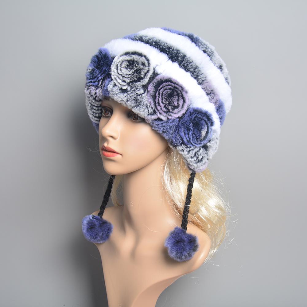 Winter Hats for Girls Women's Fur Hat Real Rex Rabbit Cap Floral Knitted Hat with Balls Skulls Beanies 55-59cm