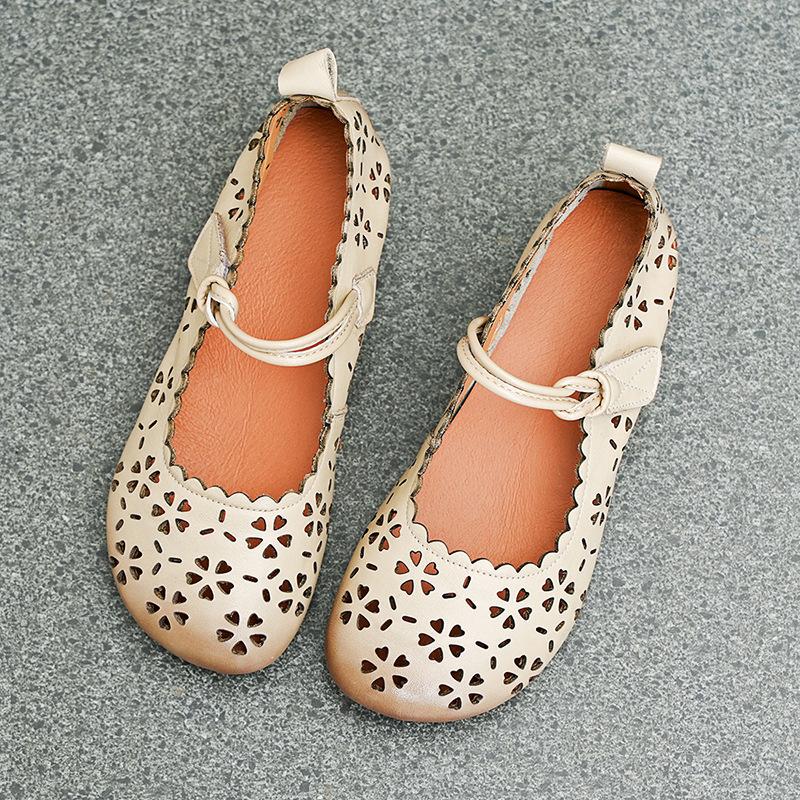 

Женская обувь лето новые сандалии женские ретро полые дышащие туфли с отверстиями из коровьей кожи на мягкой подошве обувь для мамы 35 слоновая кость