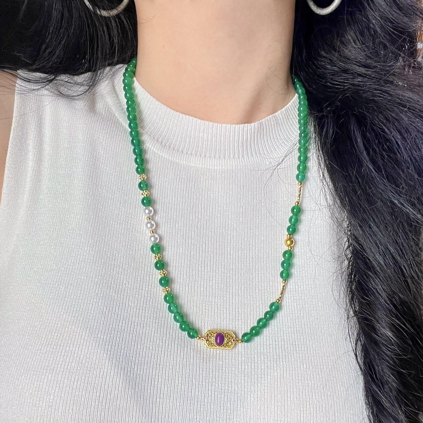 High Quality Natural Chalcedony Artificial Pearl Design Sense Necklace Sweater Chain