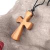 Hand-carved Tapered Wood Cross-shape Necklace Long Leather Rope Adjustable Olive Wood Pendant for Boys Girls Men Women