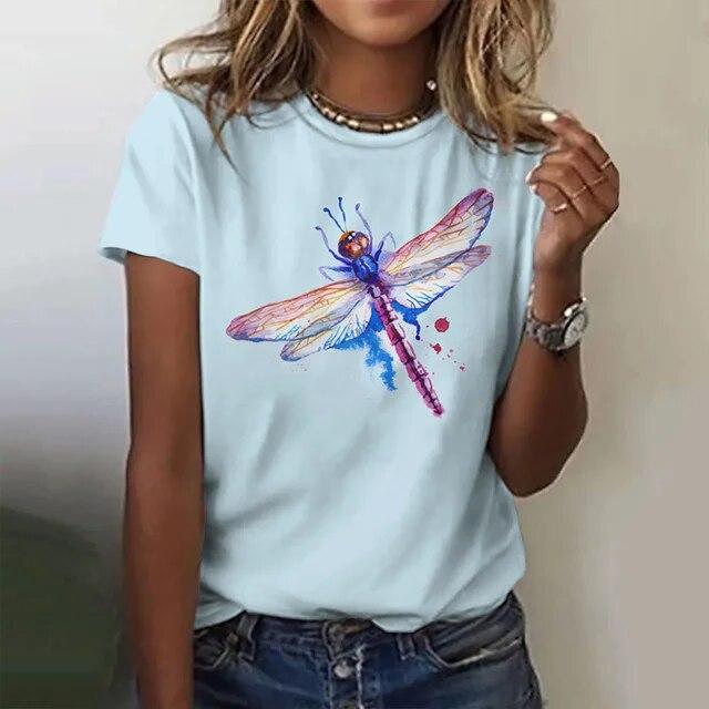 Damska koszulka 3d Dragonfly Printed Girls Top Street O-Neck z krótkim rękawem modna koszulka letnia codzienna koszulka dla kobiet