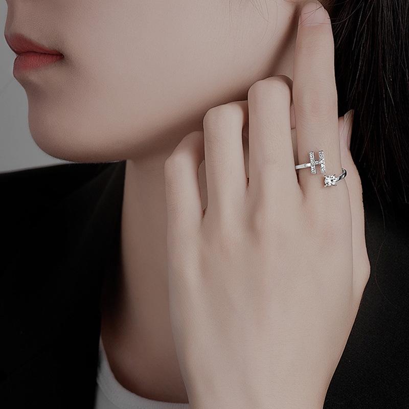 Zircon Initial A-Z Letter Ring For Women Metal Adjustable Opening Ring Name Alphabet Female Wedding Gift Anillos Mujer